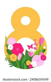 8 de marzo. Día Internacional de la Mujer Feliz.  Tarjeta de felicitación. Gran número ocho con flores primaverales y hojas sobre fondo blanco. La primavera florece en rosa. Vacaciones estacionales. Decoración moderna. 