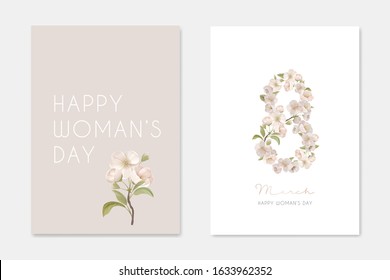 8 March International Woman's Day Greeting Card Background withRealistic Flowers. Eight Number Made of Cherry Blossoms, Composition for Romantic Holiday, Elegant Vintage Design. Vector Illustration