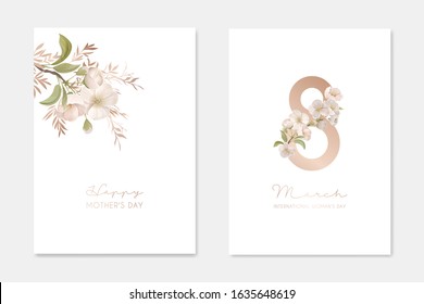 8 March International Woman's Day and Happy Mother's Day Elegant Greeting Cards Set, Creative Design Composition for Holidays Congratulation with Spring Blooming Cherry Flowers Vector Illustration