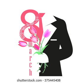 8 March. International Woman's day. Greeting card. Men's suit with a bouquet of tulips and gift. Vector illustration.  Elegant and trendy concept