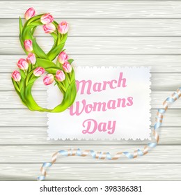 8 march International womans day, from tulips on wooden boards. EPS 10 vector file included