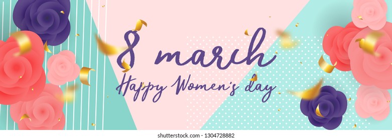 8 march international women day. Mint color rose bud vector greeting card design. Old paper vintage spring floral origami illustration. Papercut blossom border. Happy Woman day 