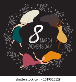 8 march - International Women Day. Women levitating in the air. 8 march Women's Day