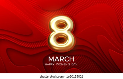 8 March. International women day. Vector holiday illustration. Golden realistic number eight on red geometric papercut background. Festive poster design. Feminism concept