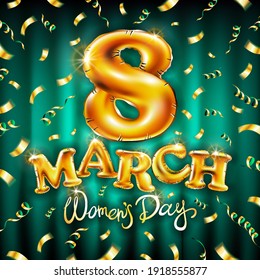 8 March International women day vector illustration - Golden number eight, ribbons and falling golden confetti on a green background. Design for greeting card, invitation, flyer and etc. art