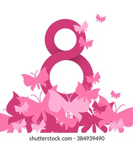8 March International Women Day Greeting Card With Butterfly Vector Illustration