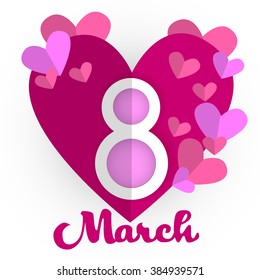 8 March International Women Day Greeting Card With Heart Shape Vector Illustration