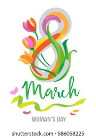 8 March International Women Day Greeting Card Flat Vector Illustration.