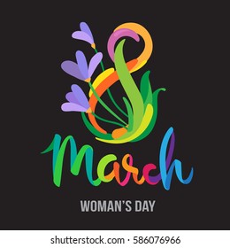 8 March International Women Day Greeting Card Flat Vector Illustration. black background.