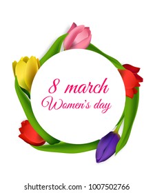 8 march international women's day. Realistic tulips vector. Spring flower card background template. Woman wedding floral poster. Bouquet design isolated white. Lady holiday girl frame.