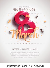 8 March. International Women's Day. Happy Mother's Day. Number 8 with ribbon text and confetti on background. Vector Illustration.