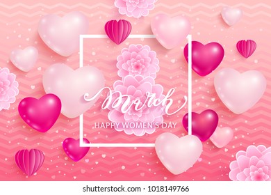 8 March International Women's Day. Greeting card in pink color. Vector illustration.