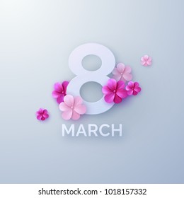 8 of March. International Womens Day. Vector paper cut illustration with pink paper flowers. Holiday origami style banner. Realistic festive decoration element for design. Feminism concept