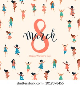 8 March, International Women's Day. Vector template with lettering design with seamless texture. Vector illustration.