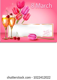 8 March - International Women's Day. Background with flowers.Tulips bouquet.8 march greeting card template. Vector illustration.
