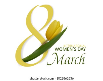 8 March. International Women's day. Happy Women's Day. Spring flower, yellow beautiful tulip with number 8. Vector illustration for creative flyer, postcard, greeting card, banner, brochure design.