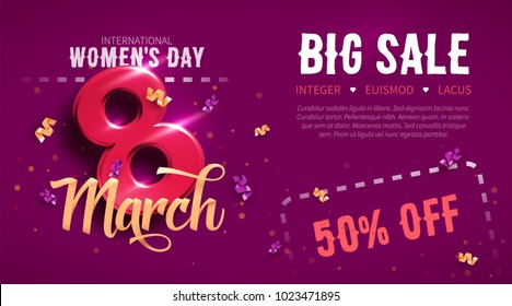 8 March. International Women's Day. Happy Mother's Day. Number 8 with ribbon text and confetti on background. Vector Illustration.