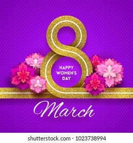 8 March International women's day greeting card - glitter gold ribbon in the shape of sign eight and flowers. Vector illustration.