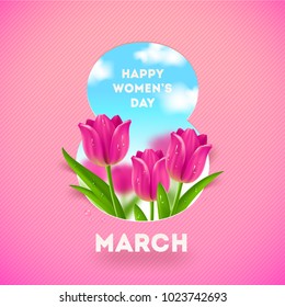 8 March International women's day illustration. Greeting card with tulips flowers. Vector design.