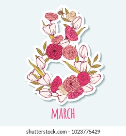 8 March. International Women`s Day. Greeting card with hand drawn number 8 and floral bouquets shaped in number 8. Vector illustration