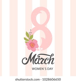 8 March - International Women's Day typography vector design for greeting cards and poster. Hand lettering text isolated on pink background. Design template celebration. Vector illustration.