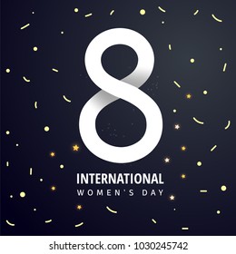 8 March International Women's Day sale banner with paper cut number 8 on  a dark background.