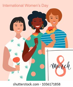 8 March, International Women's Day. Vector template with lettering design with seamless texture. Vector illustration.