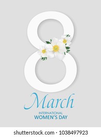 8 March. International Women's day. Happy Women's Day. Spring, beautiful , white flowers with number 8. Vector illustration for creative flyer, postcard, greeting card, banner, brochure design