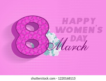 8 March. International Women's Day. Happy Mother's Day. Number 8 with text and pink background. Vector Illustration.