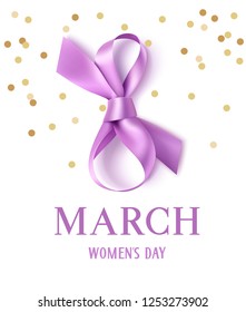 8 march. International Women's day. Decorative purple ribbon with gold confetti isolated on white background. Vector illustration