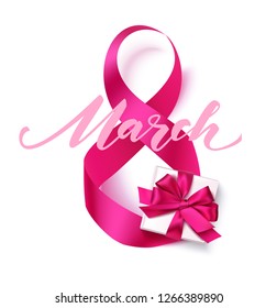 8 march. International Womens day concept. Ribbon eight with pink gift box and decorative bow isolated on white. Holiday concept. Vector illustration