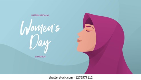 8 march international women's day vector illustration concept, muslem hijab woman head illustration from side , can use for, landing page, template, ui, web, mobile app, poster, banner, flyer