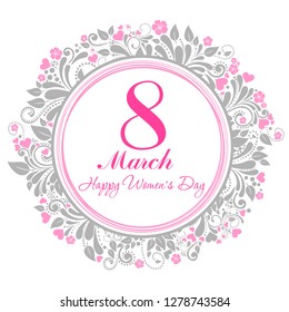 8 March. International Womens Day. Greeting card. Floral vintage frame on a white background. Border ornament. Natural round frame. Template for gift card or invitation. Vector Illustration