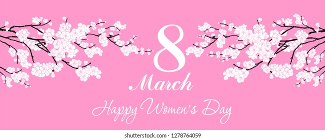 8 March. International Womens Day. Greeting card. Celebration pink background with white flowers and place for your text. Horizontal Banner. Web banner design background for header Templates. Vector