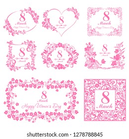 8 March. International women's day. Set Retro Tag. Collection design elements isolated on White background. Set of badges labels. Template, badges, icons and design elements with lettering. Vector