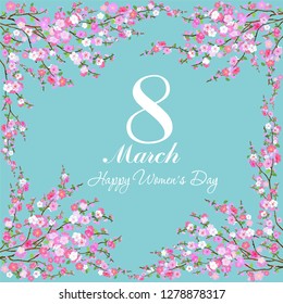 8 march. International women's day poster. Holiday Greeting Card. Women's Day card with floral elements isolated on mint background and place for your text. Cherry blossom. Sakura. Vector 