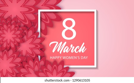 8 March International Women's Day with red paper cut flower and square frame 8 March International Women's Day with red paper cut flower and square frame