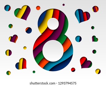 8 march international women`s day rainbow greeting card with hearts. Paper art design. Vector illustration