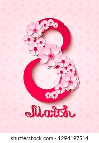 8 march international women`s day pink greeting card with flowers and hand written letters. Paper art design. Vector illustration