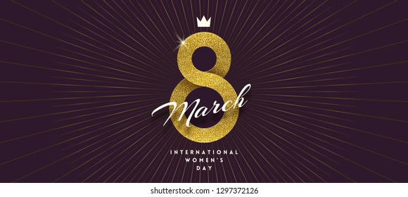 8 March International women's day greeting card - shining glitter gold ribbon in the shape of sign eight. Vector illustration.