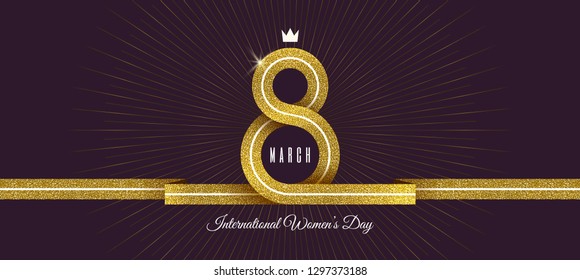 8 March International women's day greeting card - shining glitter gold ribbon in the shape of sign eight. Vector illustration.