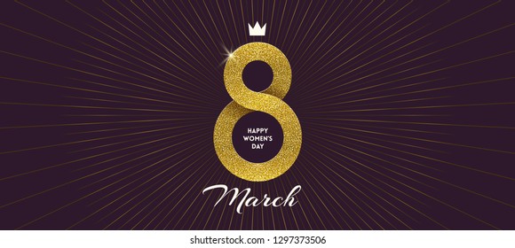 8 March International women's day greeting card - shining glitter gold ribbon in the shape of sign eight. Vector illustration.