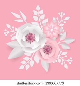 8 March, International Women's Day, Happy Mother's Day. Paper cut style banner with flower, butterfly. Pattern, background of spring plants, flowers 