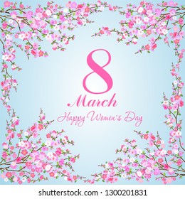 8 march. International women's day poster. Holiday Greeting Card. Women's Day card with floral elements isolated on blue background and place for your text. Cherry blossom. Sakura. Vector Illustration