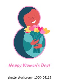 8 march. International Women's Day. Templates for banner, card, poster, flyer. Greeting card. Celebration white background with Woman, spring tulips flowers and place for your text.  Vector 