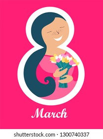 8 march. International Women's Day.  Greeting card. Celebration pink background with beautiful girl, bouquet of tulips and place for your text. Cartoon style. Vector illustration in a flat style 