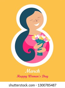 8 march. International Women's Day.  Greeting card. Celebration yellow background with young cute girl, bouquet of tulips and place for your text. Cartoon style. Vector illustration in a flat style 