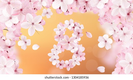 8 march international women's day background with flowers. Cherry blossoms romantic design. Women day background with frame flowers. 8 March invitation card. Realistic sakura concept.