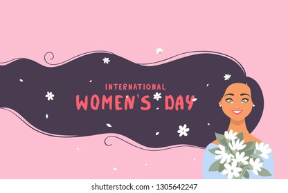 8 March, International Women's Day. Charming happy girl with long hair with sample text and flowers. Vector illustration