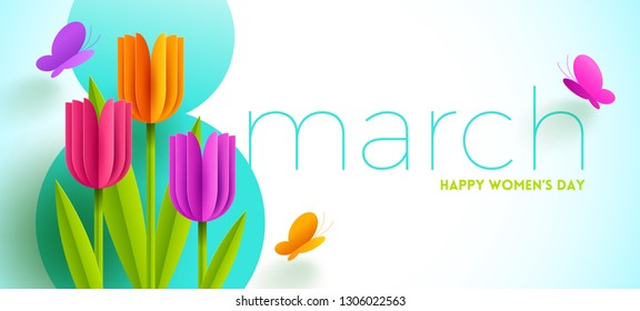 8 March International women's day illustration. Greeting card with paper tulips flowers and butterflies. Vector design.